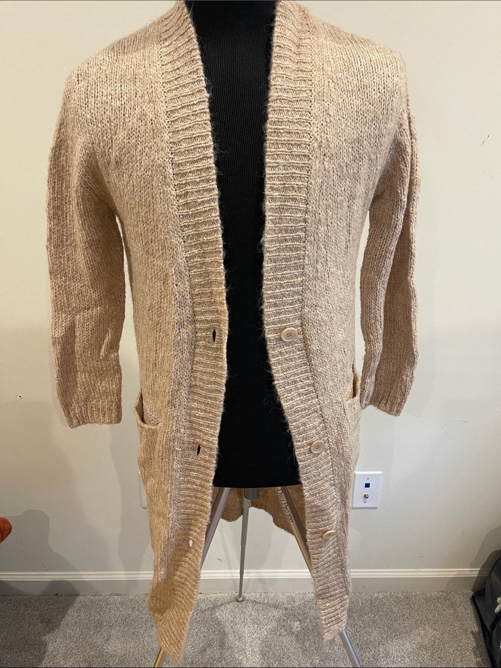 Magaschoni Wool and Alpaca Blend Long Open-Front Cardigan in Beige